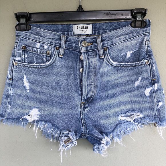 Agolde Parker Denim Shorts Women 24 High Rise Cutoff Raw Hem Button Fly Festival
